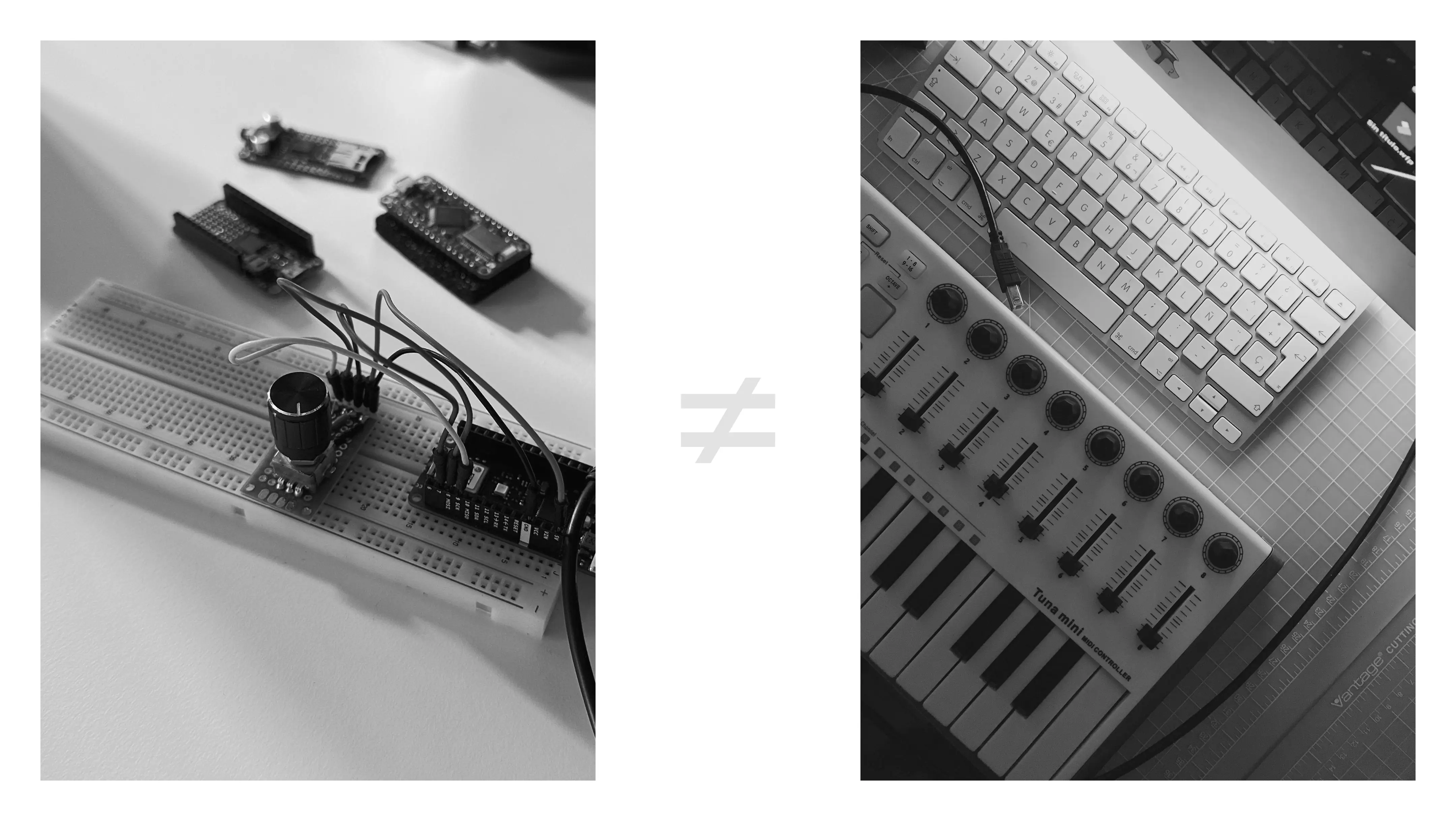 A photo comparing the first prototype with a MIDI controller