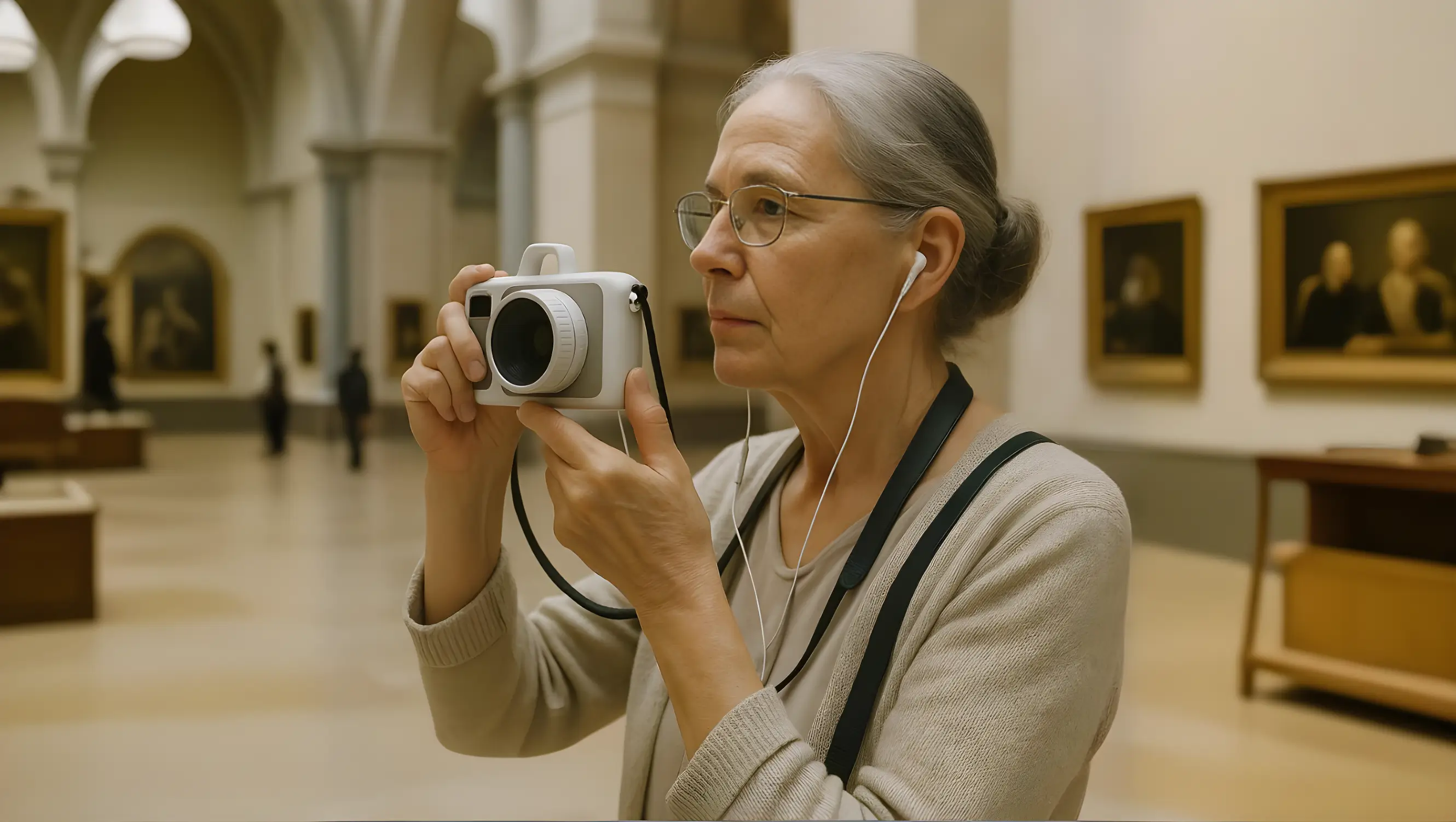 Image of a grandmother at the museum pointing the lensart camera at a painting